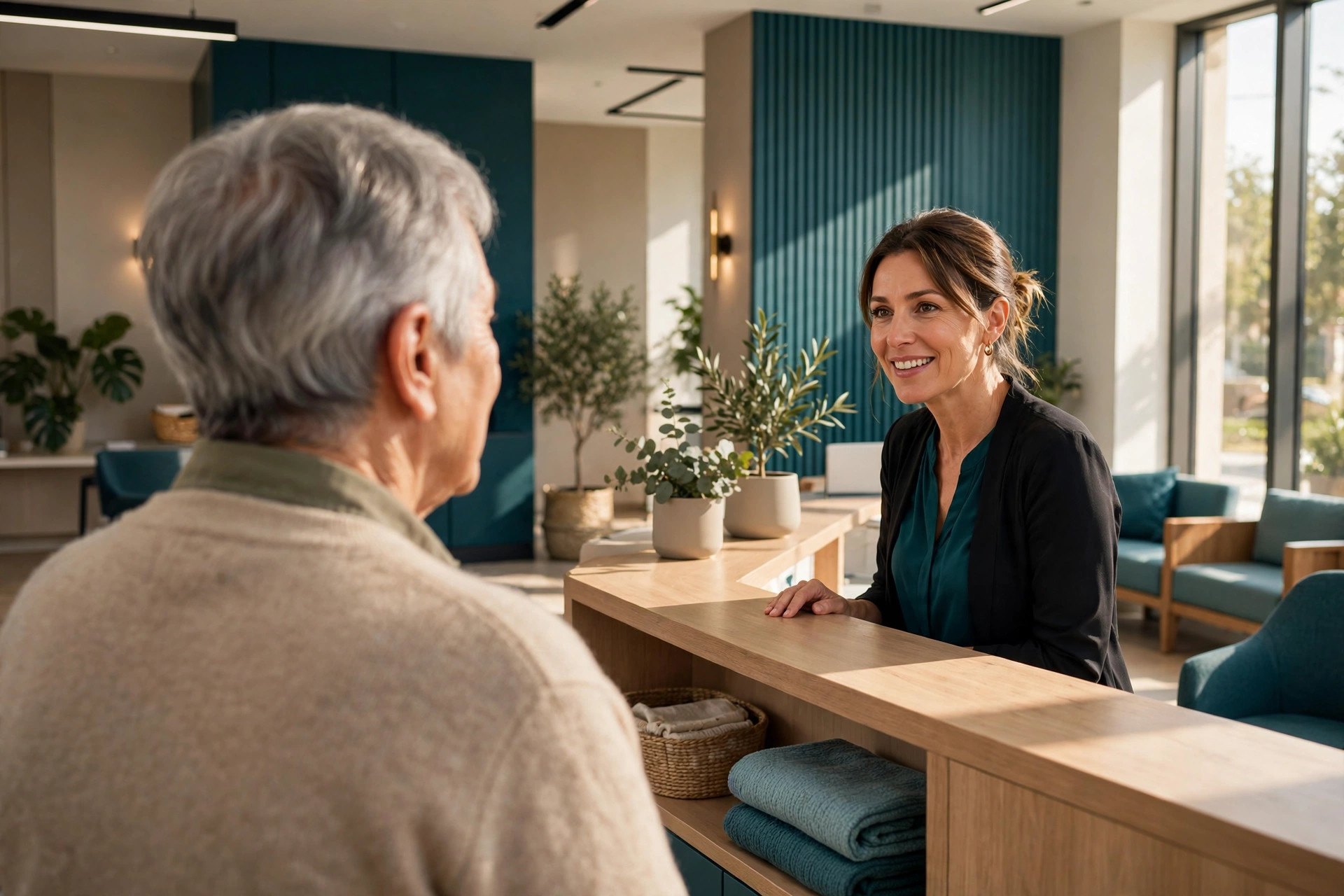 A senior patient at a clinic reception desk talking with the receptionist