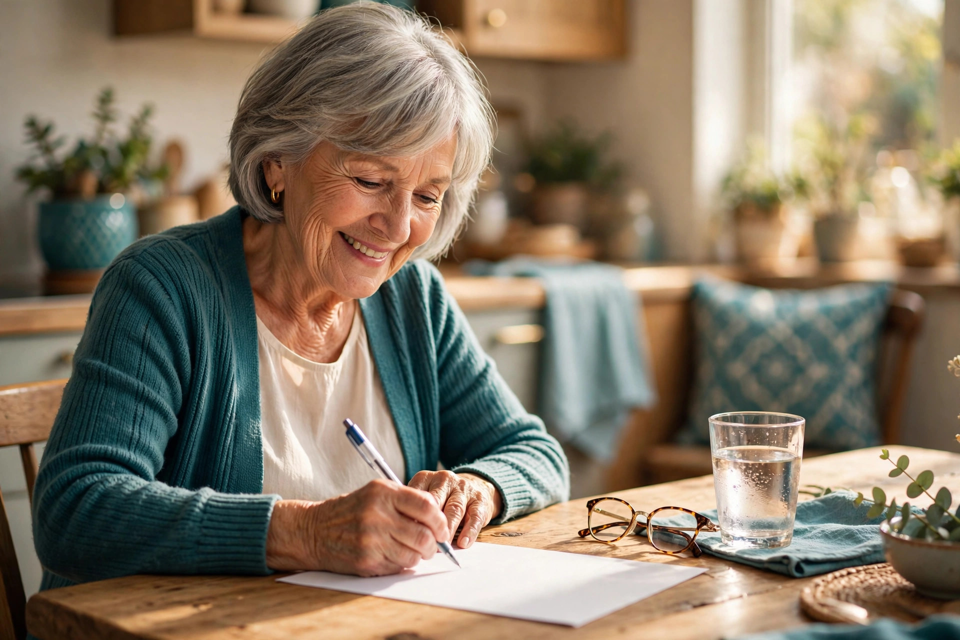 A senior woman in a teal cardigan completing a paper questionnaire at a sunlit kitchen table