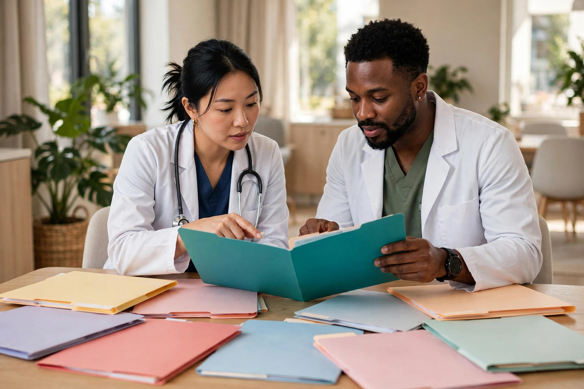 Two clinicians in white coats reviewing patient folders at a sunlit clinic table