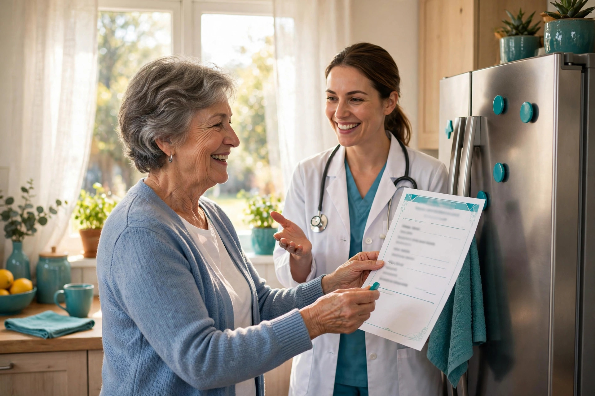 An older adult patient in a sunlit kitchen holding a one-page prevention plan beside a refrigerator, a clinician beside her