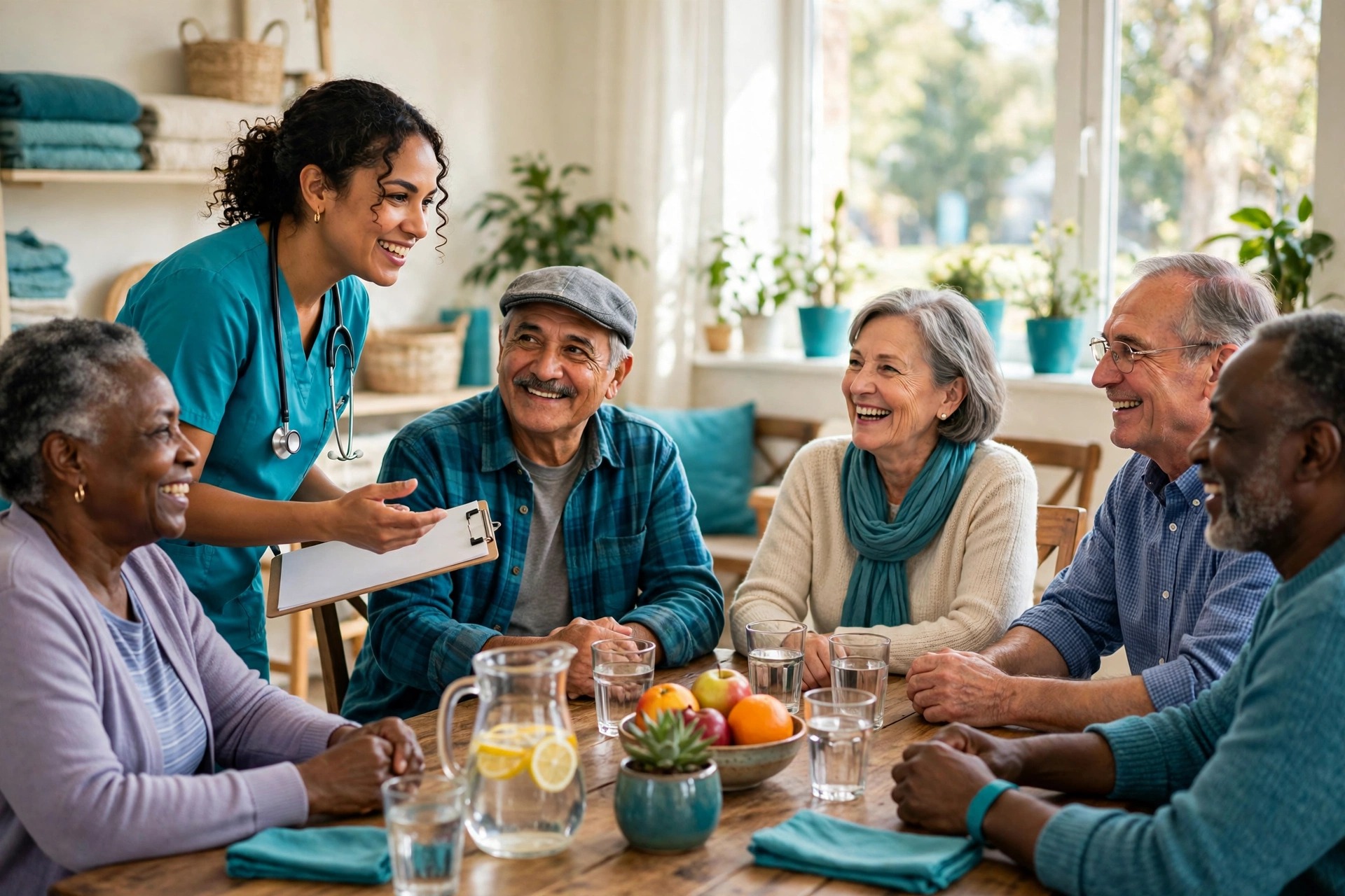 A community health worker in teal scrubs holding a blank clipboard, talking with a diverse group of older adults around a table in a sunlit community room
