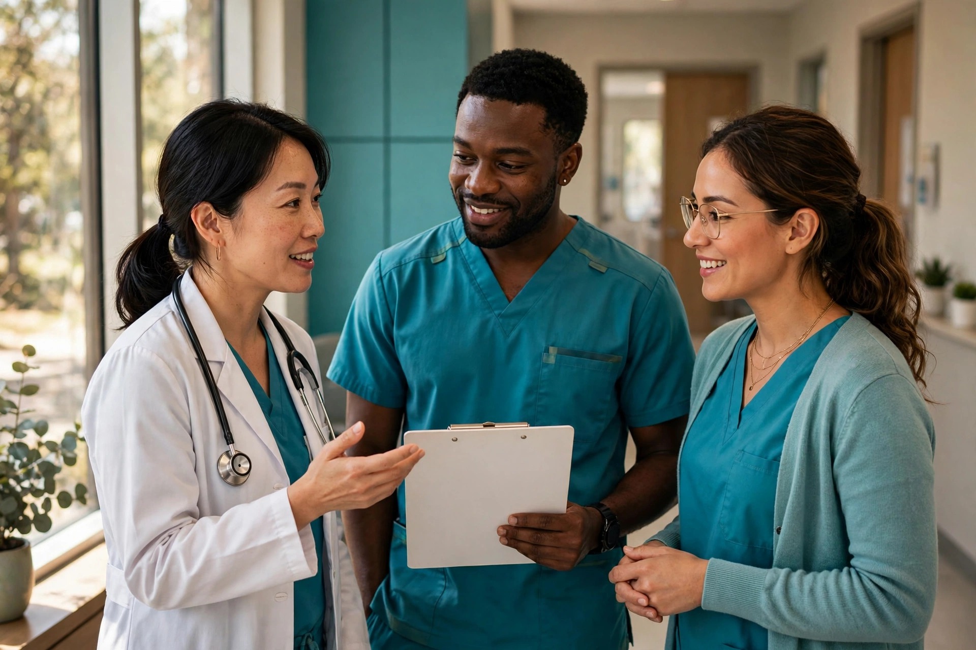 A diverse primary care team in teal-accent scrubs and professional attire in a brief huddle in a sunlit clinic hallway, one member holding a completely blank clipboard